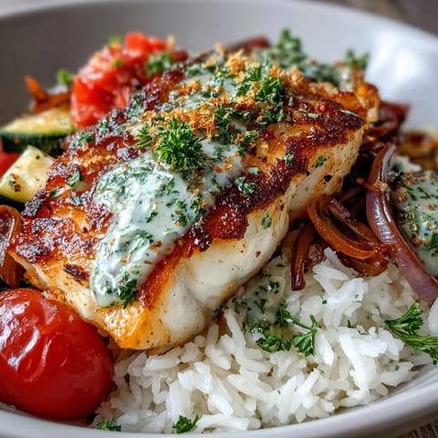 Golden-brown pan-seared fish fillet paired with colorful roasted zucchini and bell peppers in a delicious Pan-Seared Fish Bowl.