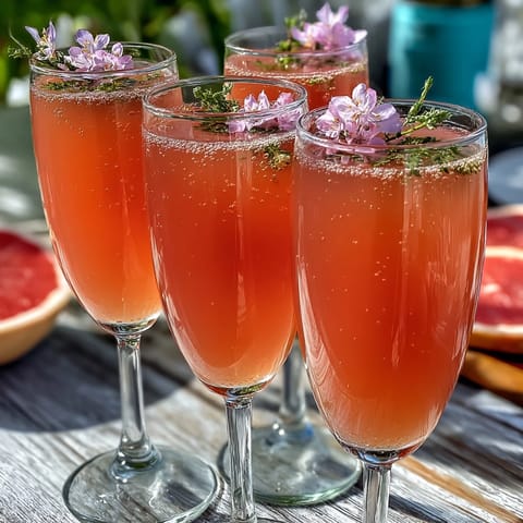 Bright Elderflower Guava Mimosa topped with chilled champagne and a fresh guava slice, served as a vibrant drink.