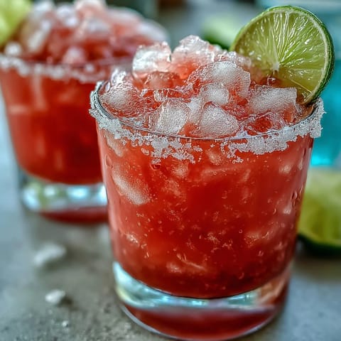 Vibrant pink Best Guava Margarita cocktail with a Tajín rim, fresh lime garnish, and ice cubes, served in a rocks glass.