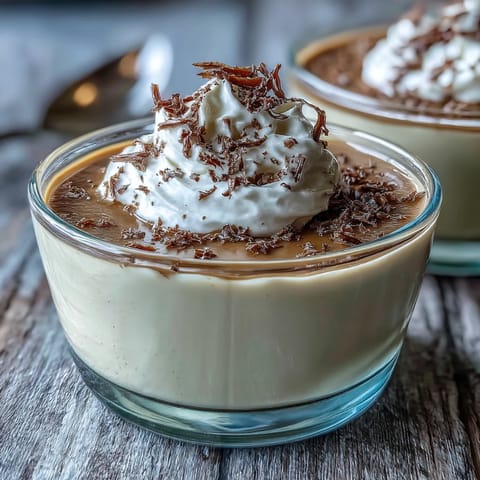Silky Hojicha Pudding in a glass ramekin, topped with whipped cream and cocoa powder for an elegant Japanese dessert.