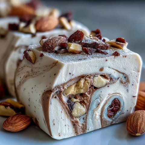 Golden squares of chewy Hojicha Nougat are garnished with chopped almonds and pistachios on a wooden board.