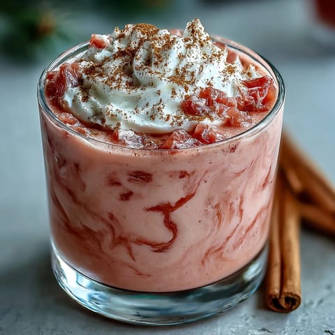 Creamy Guava Coquito chilled in a glass bottle, garnished with a cinnamon stick for a festive Puerto Rican holiday beverage.