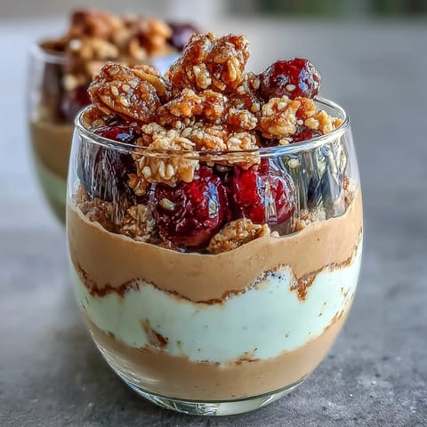 Layered Hojicha Panna Cotta Parfait topped with fresh berries and crunchy granola in a glass.