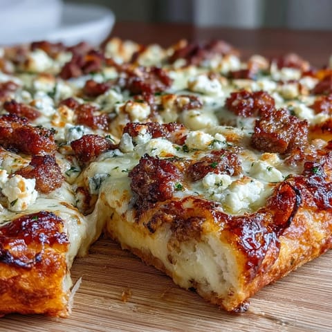 Slice of Hot Sausage Feta Honey Pizza on a plate, featuring spicy sausage, creamy feta, and fresh parsley garnish.