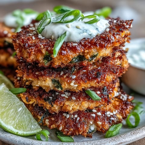 Nine savory Asian-Style Tuna Cakes are served warm on a platter, garnished with green onions and sesame. 