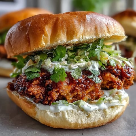 Freshly assembled Thai Fried Chicken Sandwich drizzled with spicy sriracha mayo and garnished with cilantro.