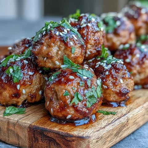 Oven-baked Spicy Chili Honey Turkey Meatballs glisten with a vibrant red glaze and are garnished with fresh cilantro and sesame seeds.