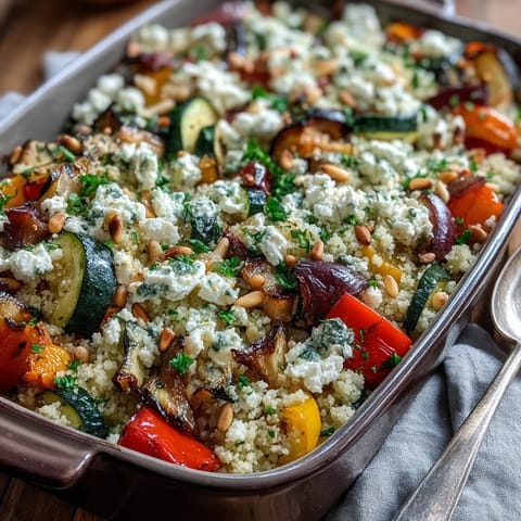 Creamy feta melts over the golden Roasted Veggie & Feta Couscous Bake, ready to serve.