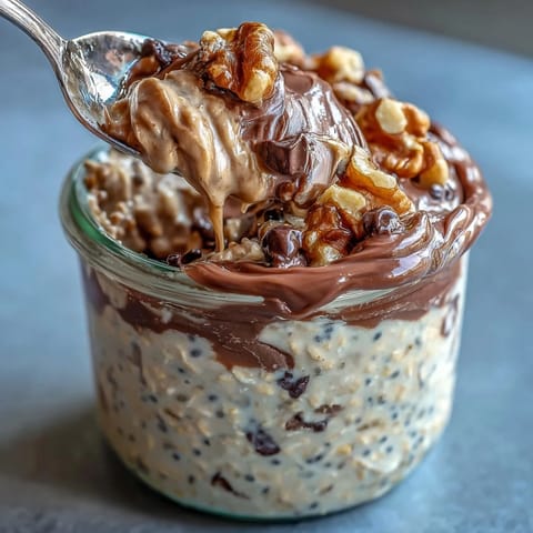 Dark chocolate chips and walnuts top the creamy Chunky Monkey Protein Overnight Oats breakfast.