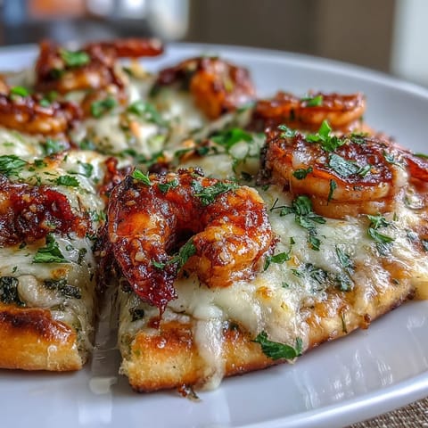 Golden naan crusts topped with juicy garlic butter shrimp and melted cheese, served hot as an easy weeknight dinner.
