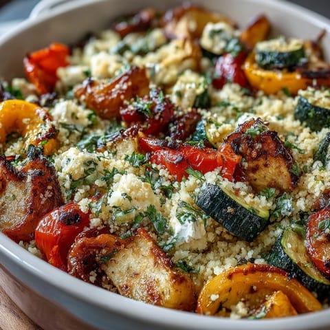 Golden-brown roasted zucchini, bell peppers, and eggplant are mixed with fluffy couscous in this Roasted Veggie & Feta Couscous Bake.
