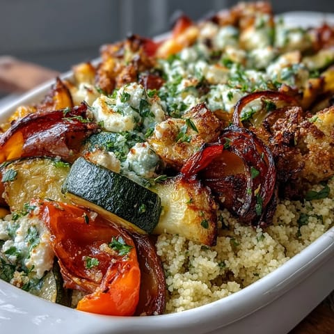 This bubbling Roasted Veggie & Feta Couscous Bake features a hearty helping of golden feta cheese melted over the top.