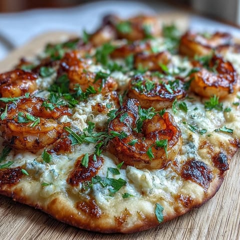 Golden Garlic Butter Shrimp Naan Pizzas fresh from the broiler with melted mozzarella and fresh parsley garnish.