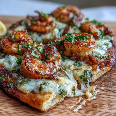A close-up of Garlic Butter Shrimp Naan Pizzas topped with succulent shrimp on a rustic wooden table.