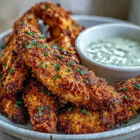 Freshly baked Crispy Panko Ranch Chicken Tenders with golden crumbs and chopped parsley on a white plate.