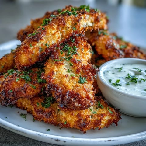 Family-style platter of Crispy Panko Ranch Chicken Tenders served with creamy ranch dip and lemon wedges.