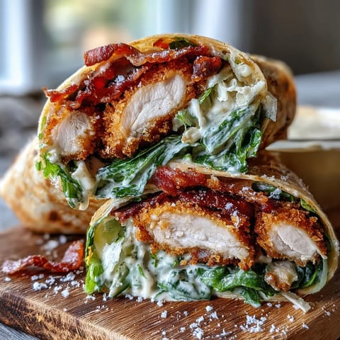 Golden Crispy Chicken Bacon Caesar Wraps stuffed with creamy romaine and bacon on a white plate.