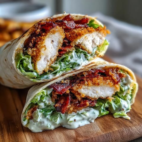 Warm Crispy Chicken Bacon Caesar Wraps halved to reveal juicy chicken and crisp bacon inside.