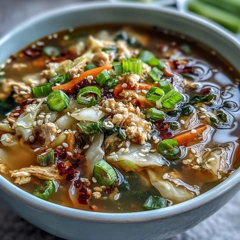 Egg Roll Soup with Chicken & Cabbage in a rustic bowl, steam rising from the savory broth.
