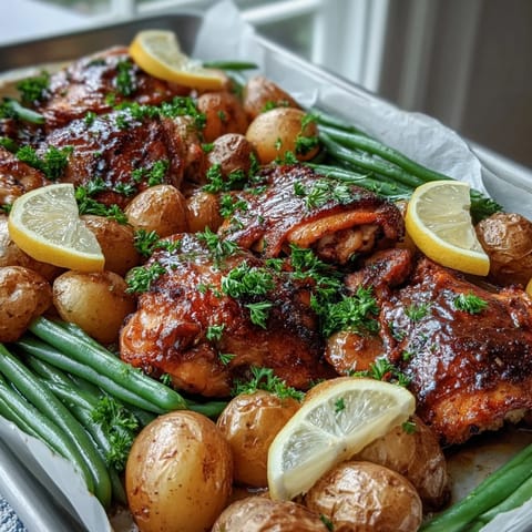 Golden-brown Sheet Pan Lemon Garlic Chicken breasts with roasted baby potatoes and crisp green beans, garnished with fresh parsley and lemon wedges.