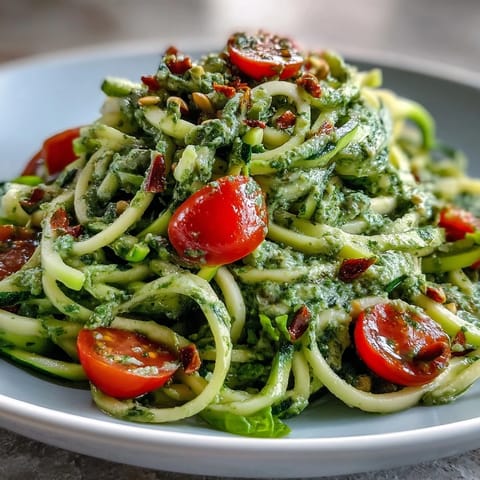 Vegan Pumpkin Seed Pesto Zucchini Noodles served fresh and vibrant in a white bowl, garnished with halved cherry tomatoes and extra basil leaves.