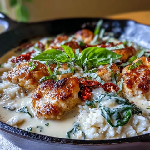 Creamy Tuscan Chicken Rice Skillet with tender chicken, spinach, and Parmesan in a rich garlic sauce.