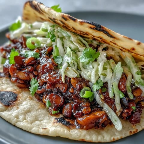 Smoky BBQ lentils and crisp cabbage slaw piled high on warm tortillas in a colorful vegan taco platter.