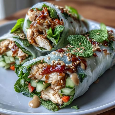 Light and healthy Asian-inspired spring rolls filled with juicy chicken, crunchy veggies, and fresh mint, paired with tangy peanut sauce.  