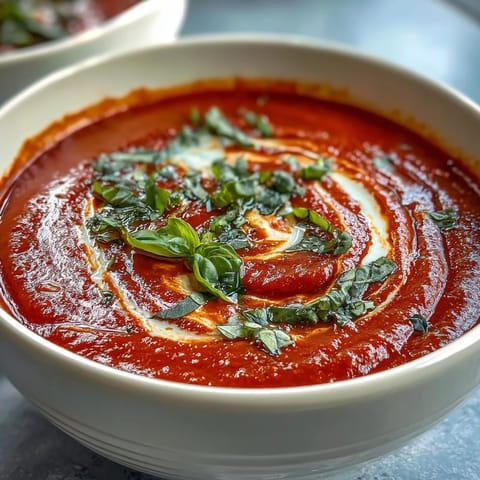 Velvety tomato basil soup made with coconut milk, paired with crisp, garlicky sourdough slices for a comforting vegan meal.