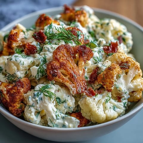Creamy keto cauliflower potato salad with dill pickles, hard-boiled eggs, and a tangy mustard dressing. A low-carb summer favorite.