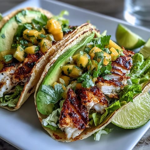 Mango salsa grilled fish tacos in lettuce shells with fresh avocado and zesty lime.