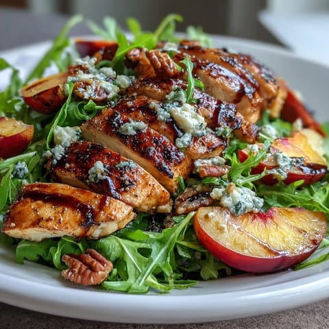 Juicy grilled chicken breast slices paired with sweet peaches, peppery arugula, red onion, and toasted nuts, finished with balsamic glaze.  