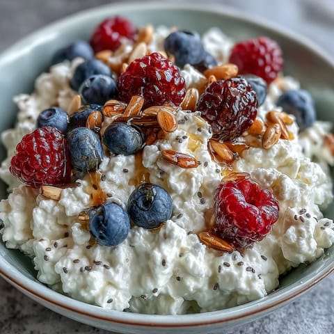 Creamy cottage cheese berry bowl topped with fresh blueberries, strawberries, and crunchy sunflower and pumpkin seeds.  