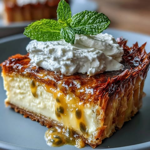Vibrant passionfruit curd tart with golden phyllo crust, crowned with fluffy whipped cream and fresh mint leaves for a tangy, sweet finish.