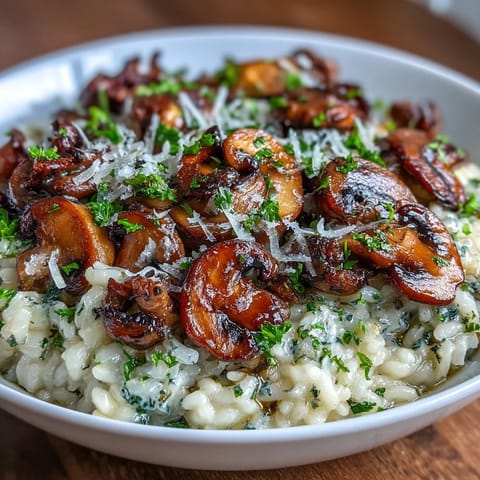 Aromatic wild mushroom risotto with truffle oil, creamy Arborio rice, and Parmesan cheese, perfect for a cozy vegetarian dinner.  