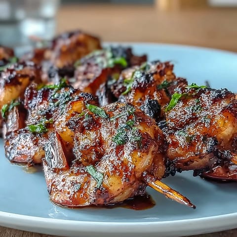 1. Jerk seasoning shrimp skewers sizzling on the grill, served with fragrant coconut rice and fresh lime wedges for a tropical meal.  