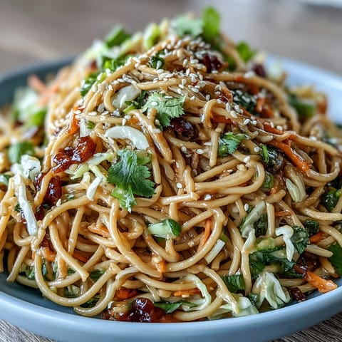 Asian Sesame Noodle Salad with Peanut Dressing featuring colorful vegetables and tender noodles in a creamy peanut sauce.