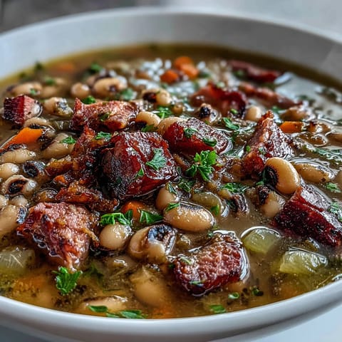 Hearty Ham and Black-Eyed Pea Soup with smoky ham, tender black-eyed peas, and colorful vegetables in a rich broth.