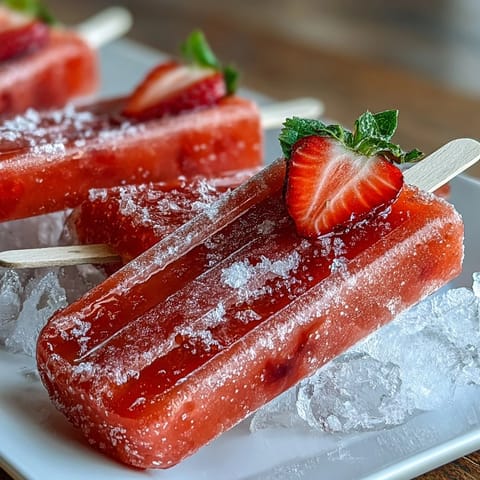 Vibrant strawberry mimosa popsicles with fresh fruit and sparkling wine, perfect for a festive Galentine's brunch or party treat.  