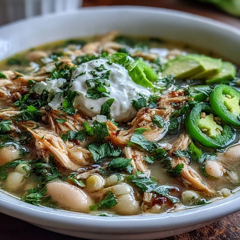 Hearty white bean chicken chili with tender shredded chicken, creamy cannellini beans, and vibrant poblano peppers in a flavorful broth.  