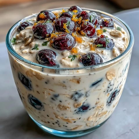 A jar of creamy overnight oats with fresh blueberries and lemon zest, perfect for a healthy breakfast.