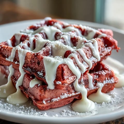 Fluffy pink velvet waffles with cocoa flavor, topped with a rich cream cheese drizzle for a festive breakfast treat.