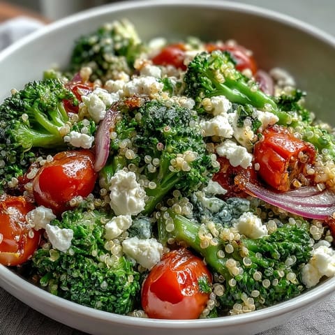 Fresh and colorful grain bowl with quinoa, steamed broccoli, sweet peas, and crumbled feta, drizzled with lemon Dijon dressing for a healthy vegetarian meal.