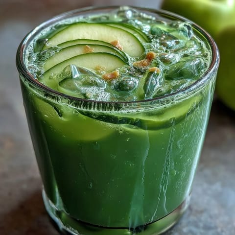 A vibrant green detox juice with cucumber, apple, and ginger, served over ice with fresh mint garnish.  