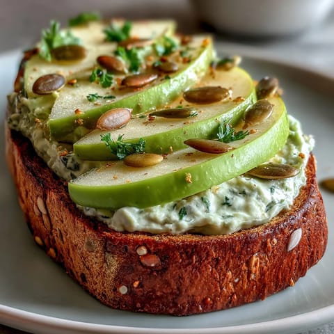 Avocado and Green Apple Breakfast Toast with Pumpkin Seeds on whole grain bread, topped with fresh cilantro and a drizzle of olive oil.