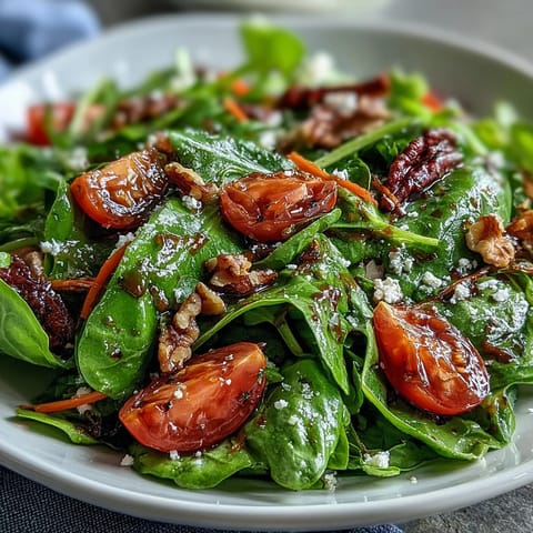 Fresh spring greens salad with honey mustard dressing, cherry tomatoes, cucumber, and crunchy toasted walnuts in a white bowl.  