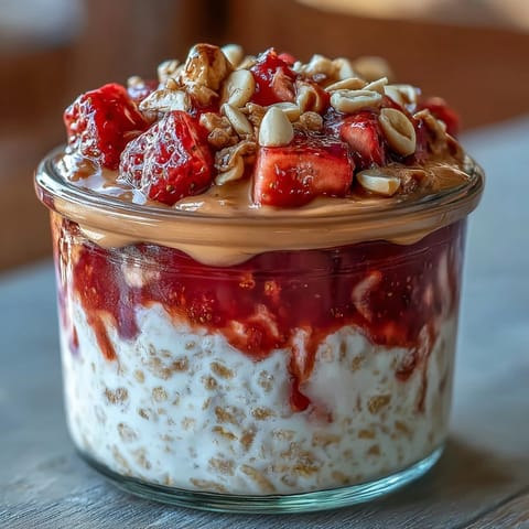 Creamy overnight oats with peanut butter, strawberry jam, and crunchy peanuts for a wholesome PB&J breakfast.