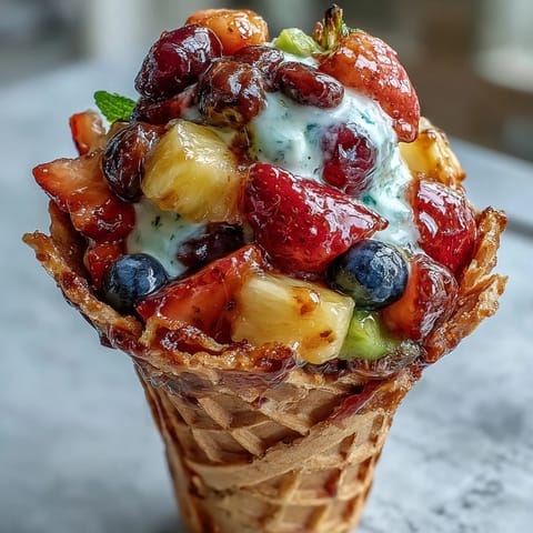 Vibrant fruit-filled waffle cones with fresh strawberries, blueberries, and mango, served with creamy Greek yogurt dip.  