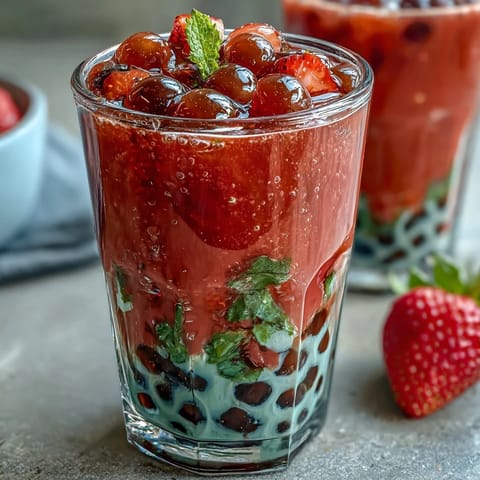 Strawberry Matcha Boba-Inspired Drink with chewy tapioca pearls, vibrant strawberry purée, and creamy matcha milk in a clear glass.