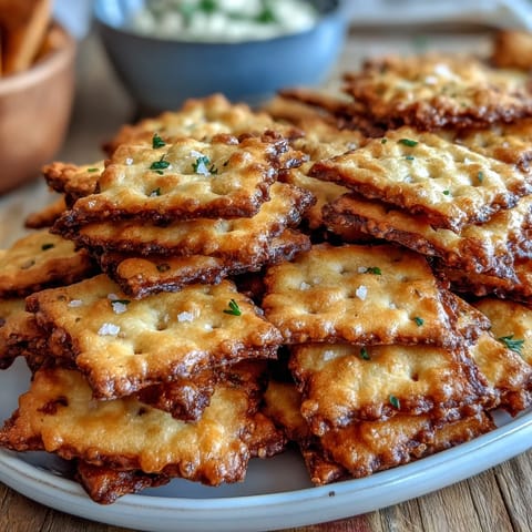 Golden-baked sourdough crackers infused with sharp cheddar and classic ranch spices, perfect for sharing during the big game.  